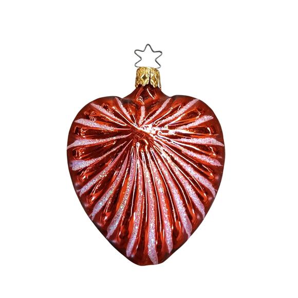 Red Heart w/White Glitter German Blown Glass Christmas Ornament 4.5” VTG - Picture 2 of 5